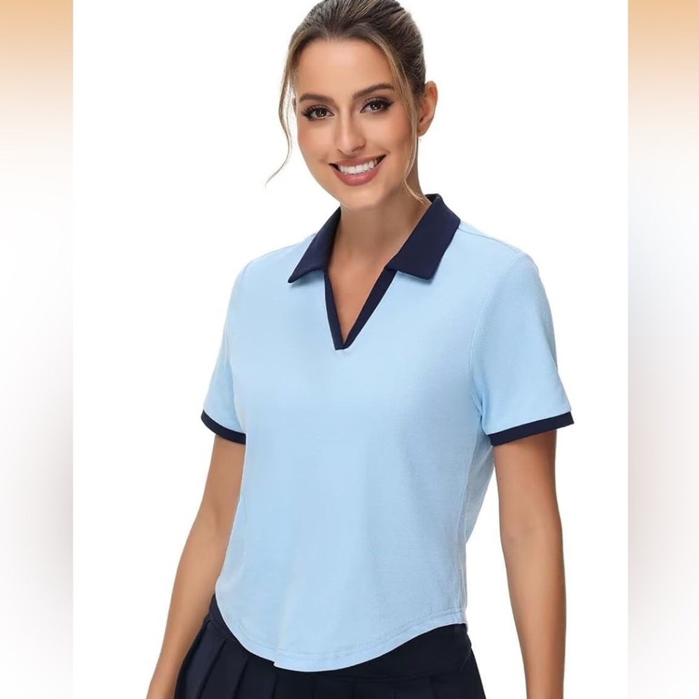 Amazon Light Blue Short Sleeve Polo Top with Navy Trim